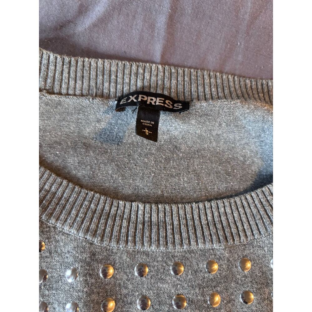 Express Sweater Womens S Gray Studded Embellished Crew Neck Long Sleeve Knit Top - Picture 2 of 3